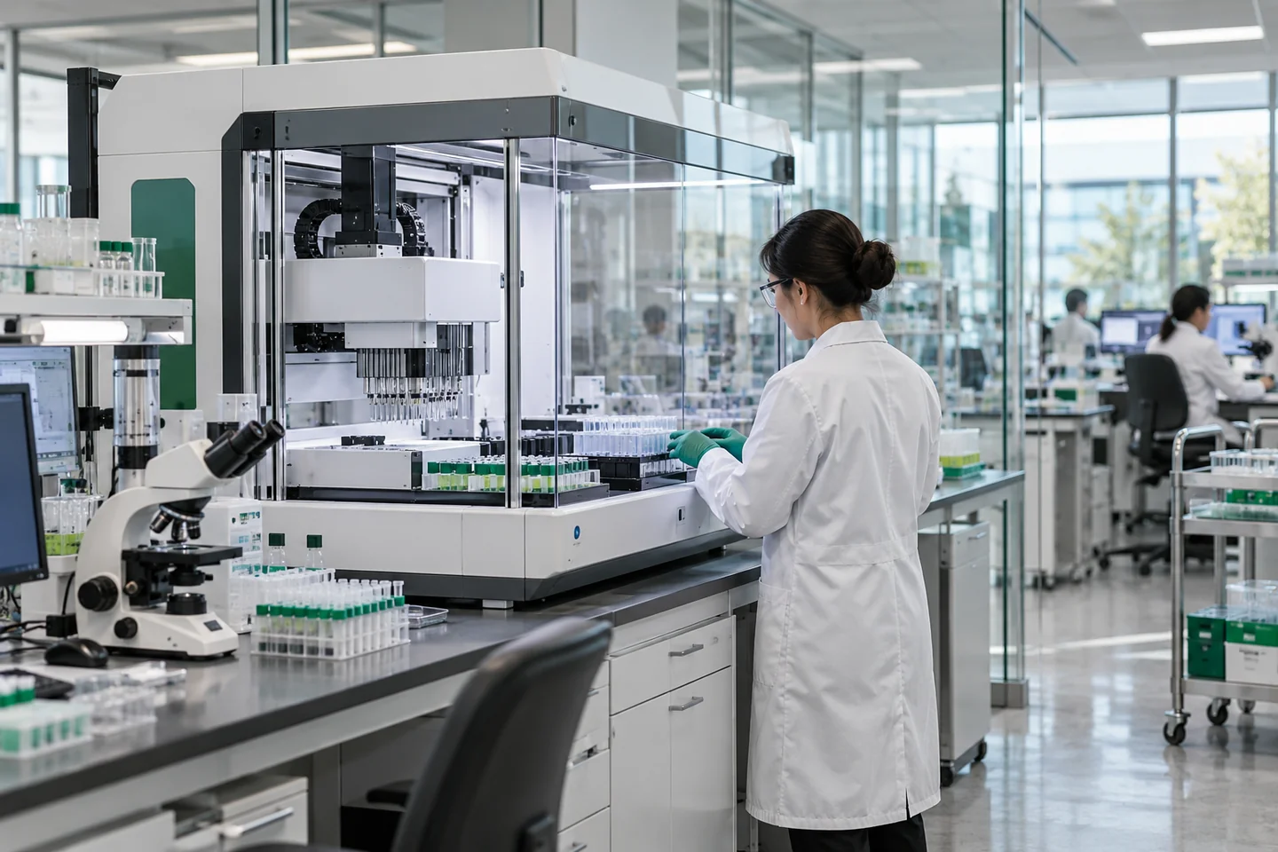 自動化生命科學實驗室與研究人員的產業情境示意